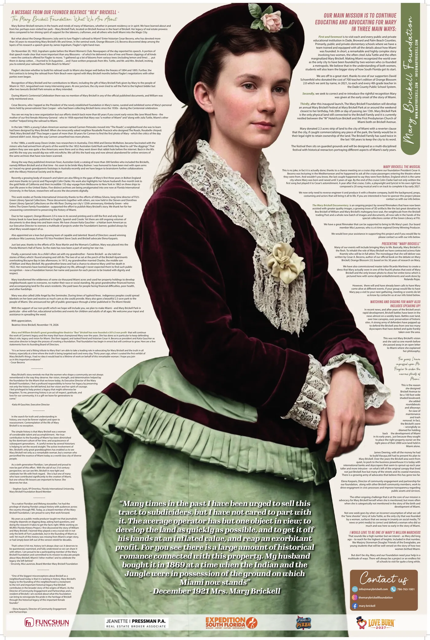 Learning Calendar poster, back: message from founder Bea Brickell and the Foundation's mission